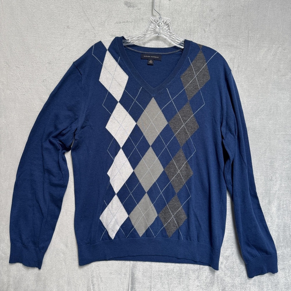 Banana Republic Sweater Mens Small Blue Argyle V Neck Lightweight‎ Knit Pullover